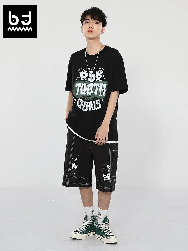 Creative English letter print loose sleeved round neck cotton T-shirt