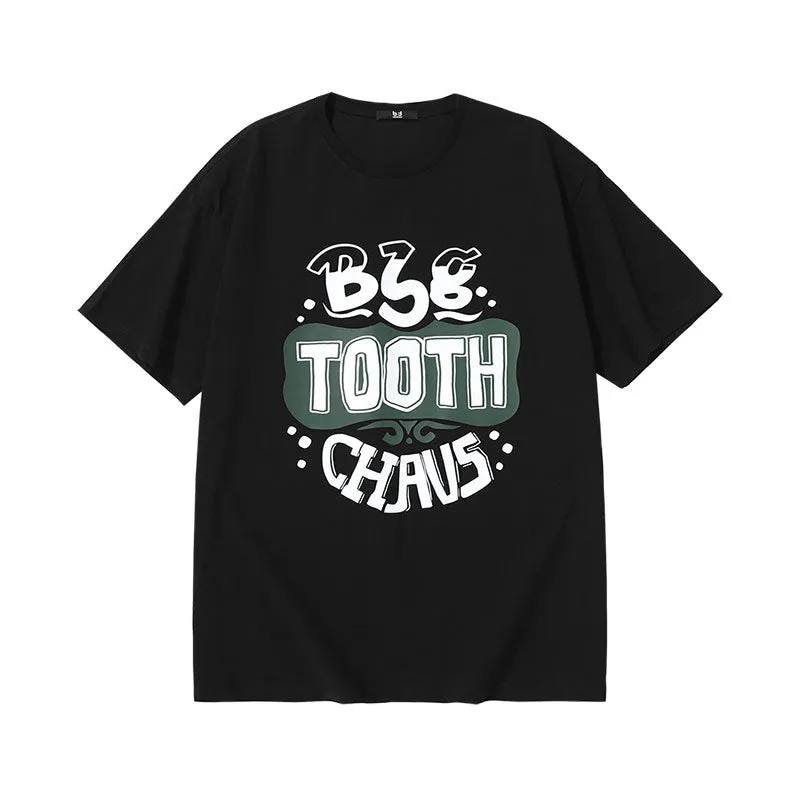Creative English letter print loose sleeved round neck cotton T-shirt
