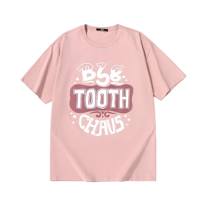 Creative English letter print loose sleeved round neck cotton T-shirt