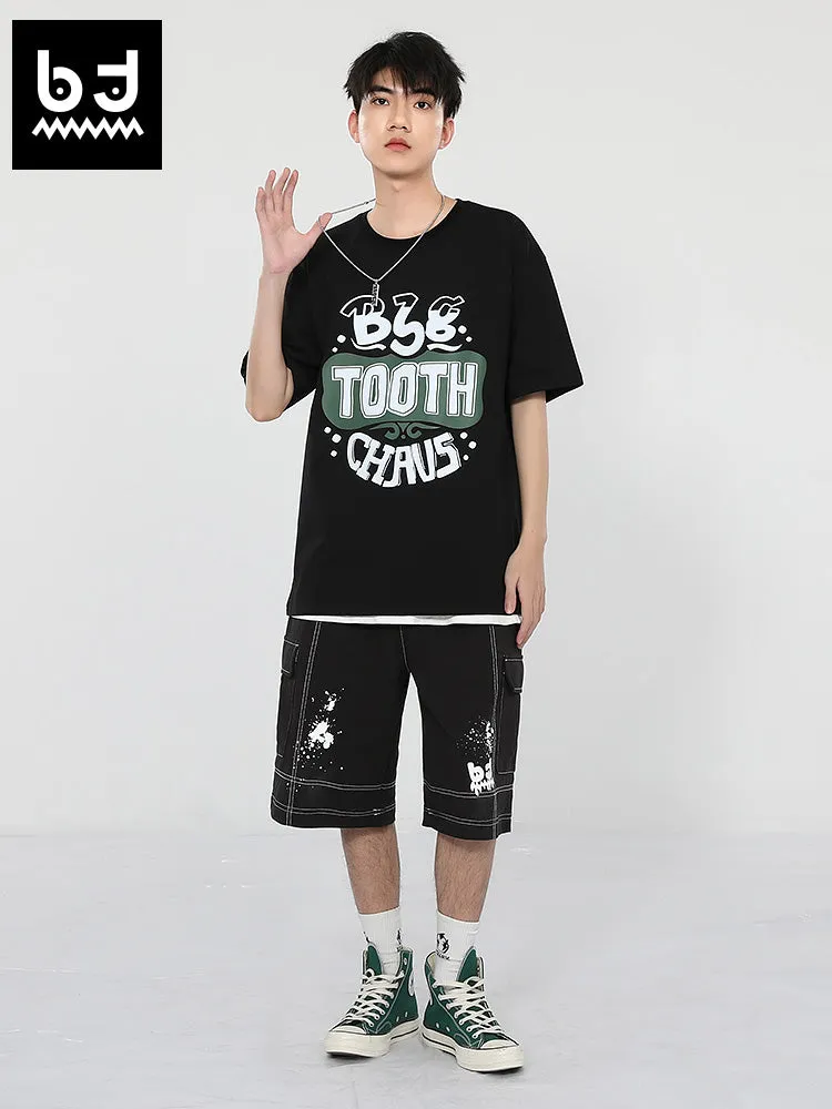 Creative English letter print loose sleeved round neck cotton T-shirt