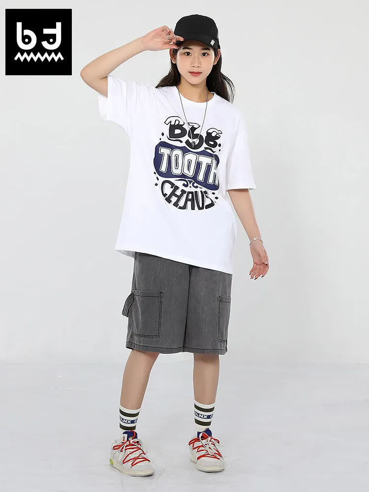 Creative English letter print loose sleeved round neck cotton T-shirt