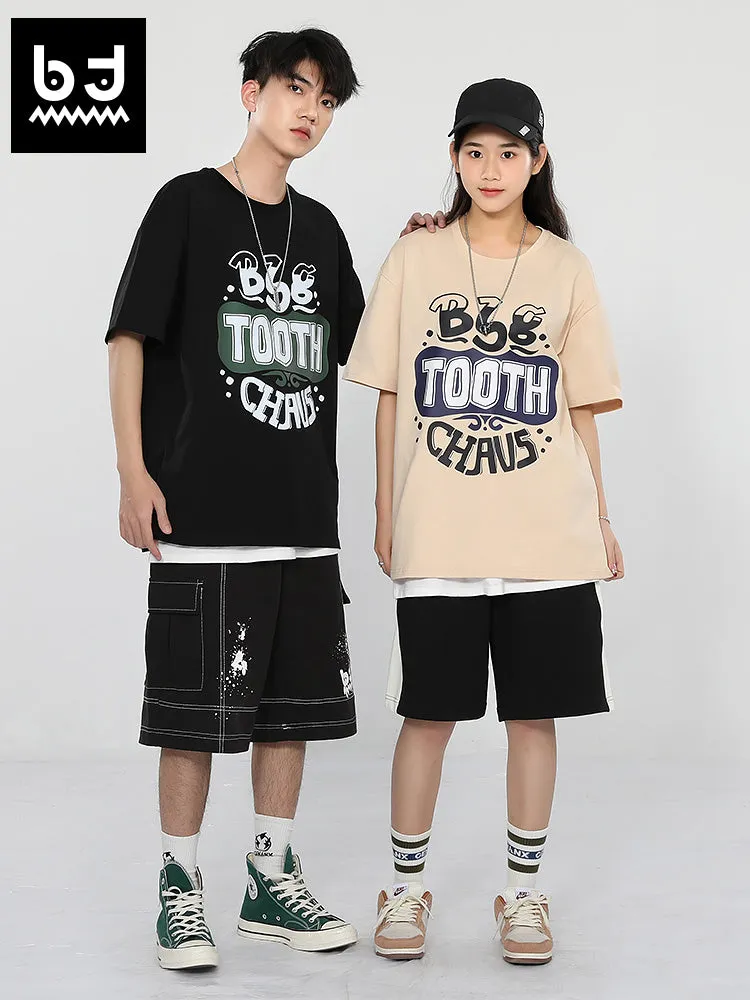Creative English letter print loose sleeved round neck cotton T-shirt