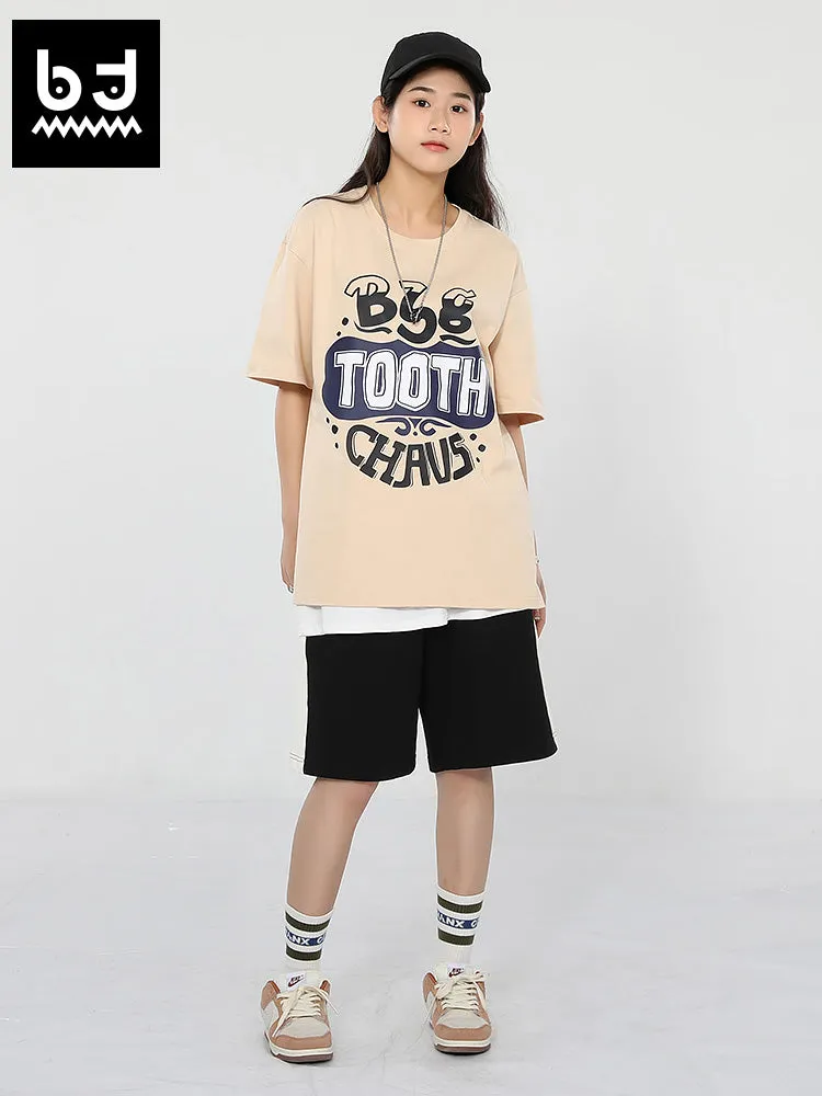Creative English letter print loose sleeved round neck cotton T-shirt