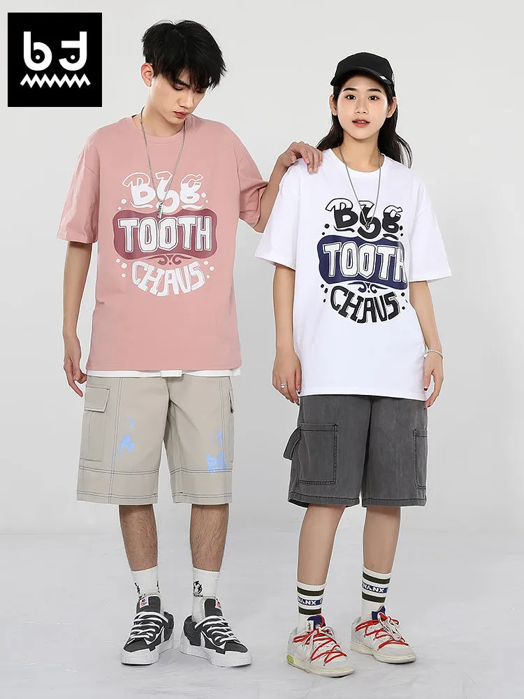 Creative English letter print loose sleeved round neck cotton T-shirt