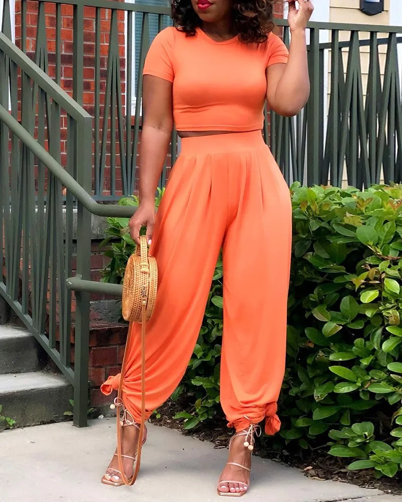 Crop Top and Wide Leg Long Pants Casual Stretchy Two Piece Outfits for Women