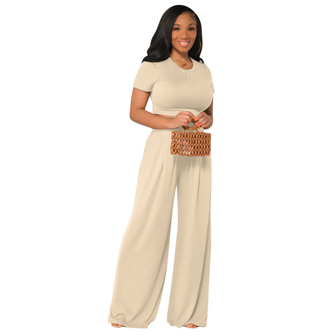 Crop Top and Wide Leg Long Pants Casual Stretchy Two Piece Outfits for Women