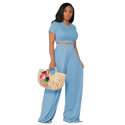 Crop Top and Wide Leg Long Pants Casual Stretchy Two Piece Outfits for Women