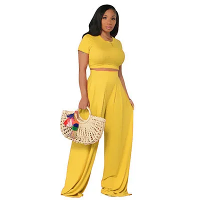 Crop Top and Wide Leg Long Pants Casual Stretchy Two Piece Outfits for Women