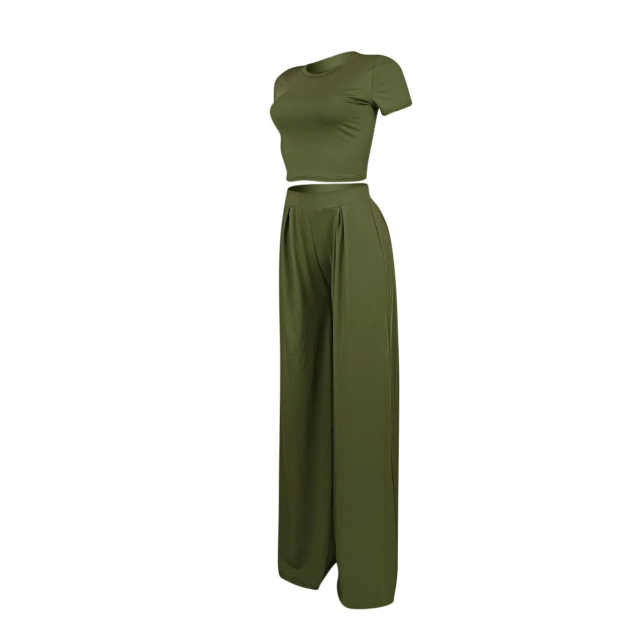 Crop Top and Wide Leg Long Pants Casual Stretchy Two Piece Outfits for Women