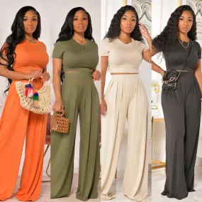 Crop Top and Wide Leg Long Pants Casual Stretchy Two Piece Outfits for Women
