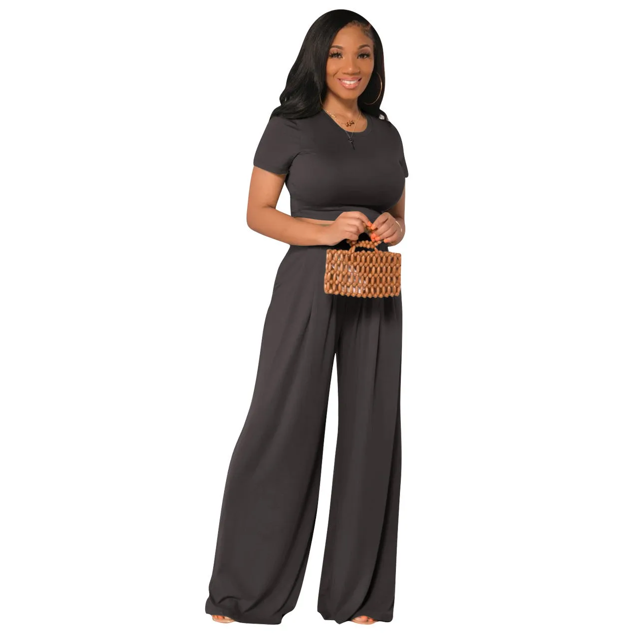 Crop Top and Wide Leg Long Pants Casual Stretchy Two Piece Outfits for Women