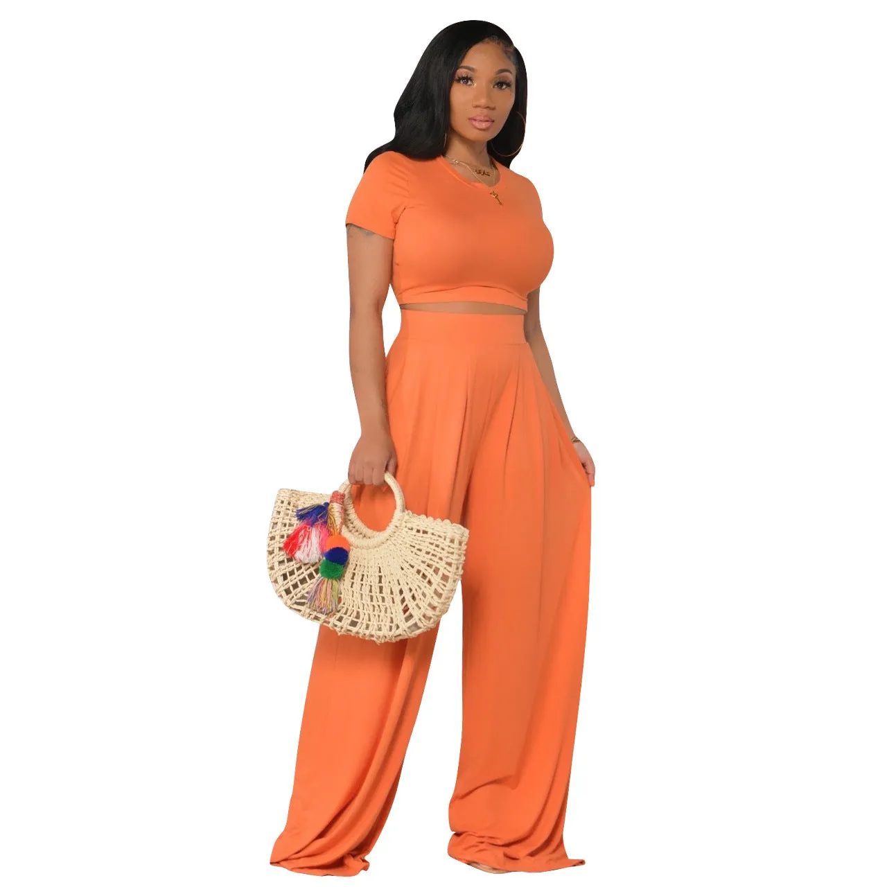 Crop Top and Wide Leg Long Pants Casual Stretchy Two Piece Outfits for Women
