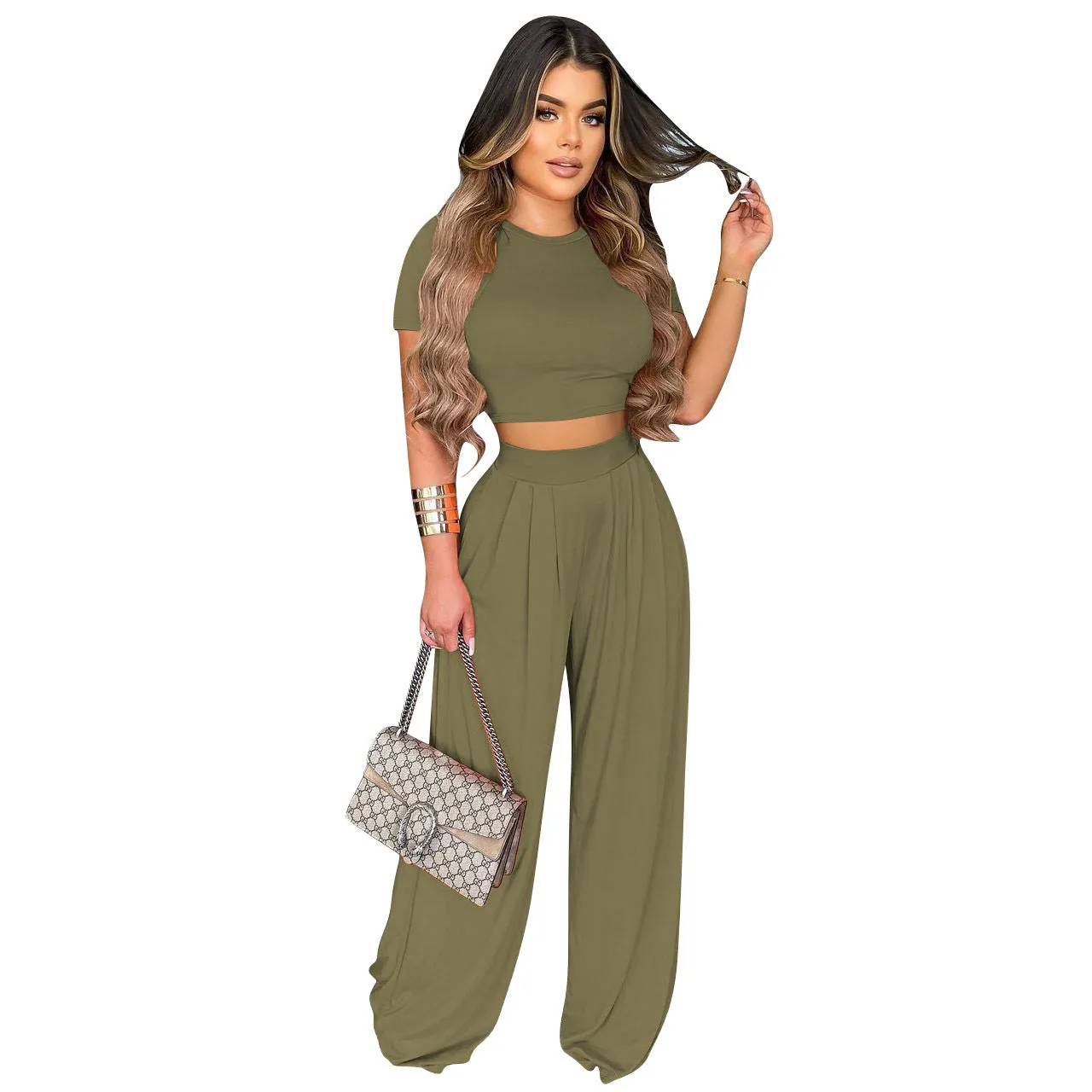 Crop Top and Wide Leg Long Pants Casual Stretchy Two Piece Outfits for Women