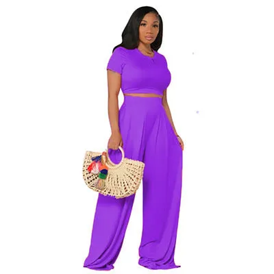 Crop Top and Wide Leg Long Pants Casual Stretchy Two Piece Outfits for Women