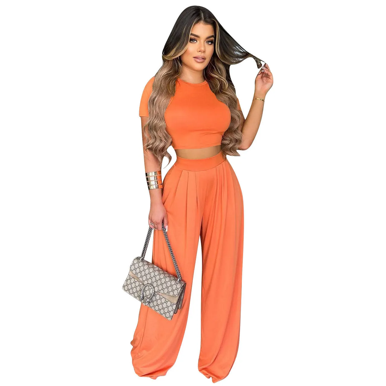 Crop Top and Wide Leg Long Pants Casual Stretchy Two Piece Outfits for Women