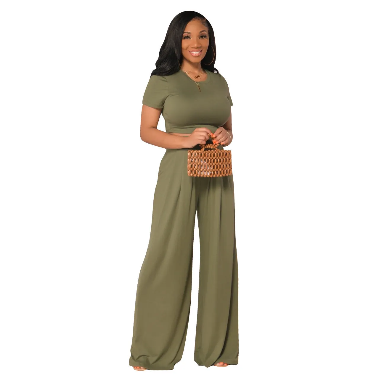 Crop Top and Wide Leg Long Pants Casual Stretchy Two Piece Outfits for Women