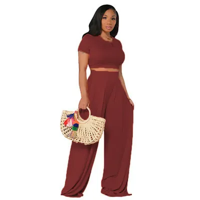 Crop Top and Wide Leg Long Pants Casual Stretchy Two Piece Outfits for Women