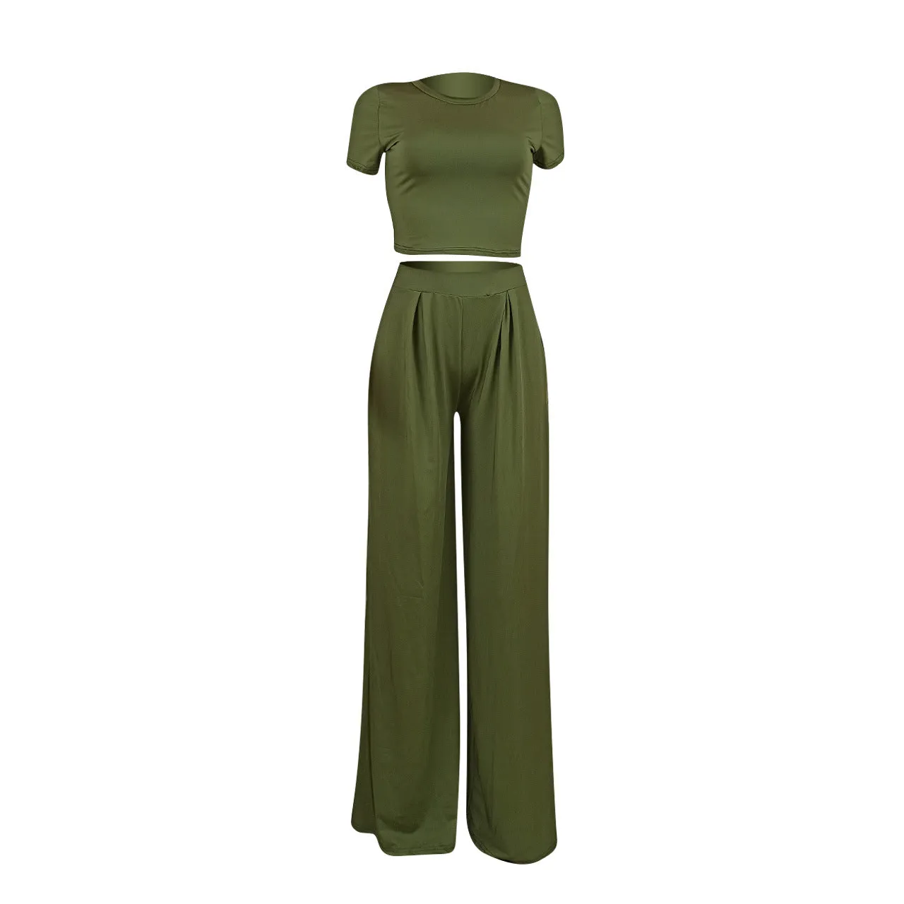 Crop Top and Wide Leg Long Pants Casual Stretchy Two Piece Outfits for Women