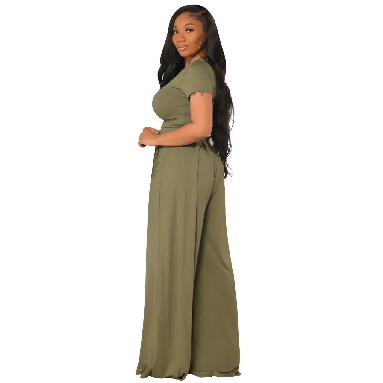 Crop Top and Wide Leg Long Pants Casual Stretchy Two Piece Outfits for Women