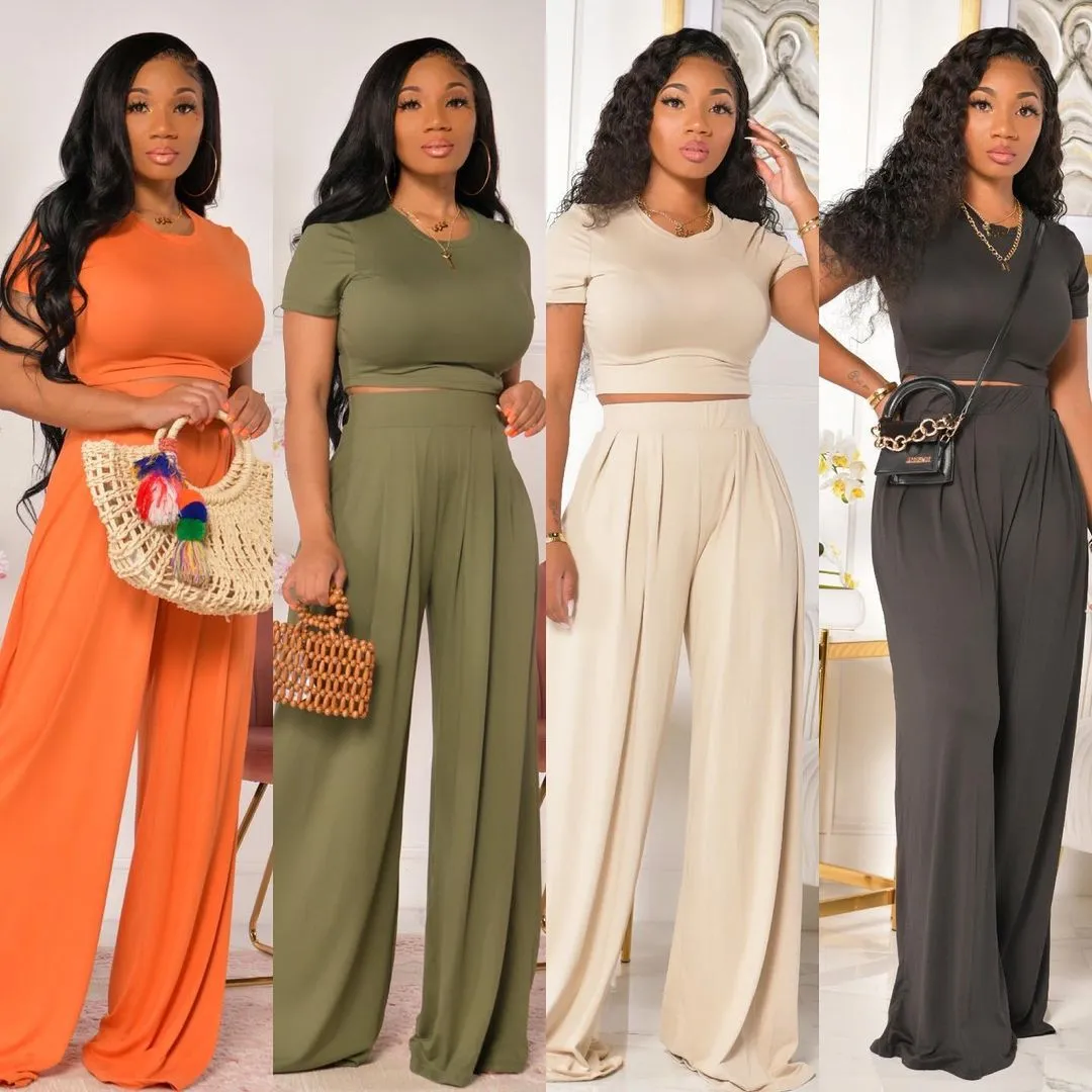 Crop Top and Wide Leg Long Pants Casual Stretchy Two Piece Outfits for Women