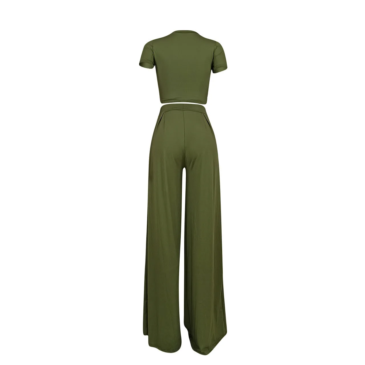 Crop Top and Wide Leg Long Pants Casual Stretchy Two Piece Outfits for Women