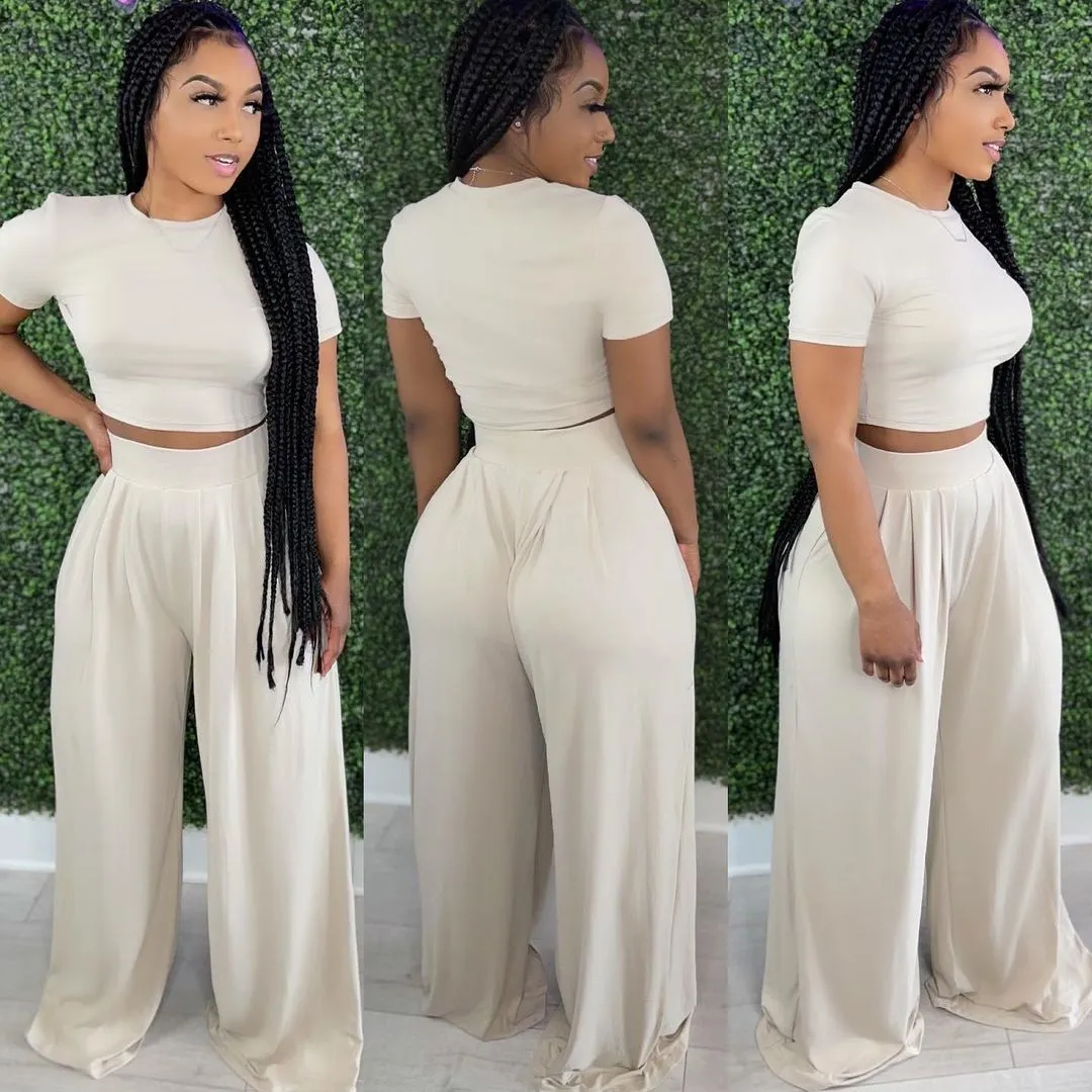 Crop Top and Wide Leg Long Pants Casual Stretchy Two Piece Outfits for Women
