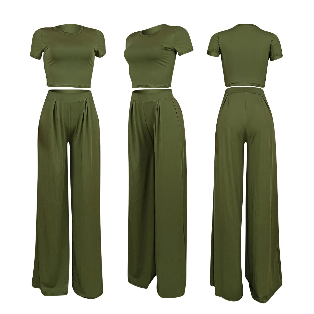 Crop Top and Wide Leg Long Pants Casual Stretchy Two Piece Outfits for Women