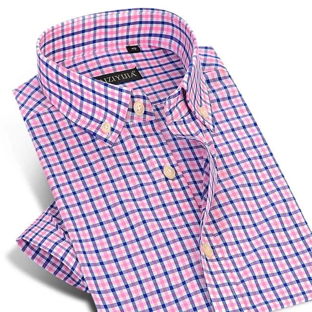England Style Plaid Checked Cotton Men Shirts Pocket-less Design Short Sleeve Summer Casual Standard-fit Button-down Thin Shirt