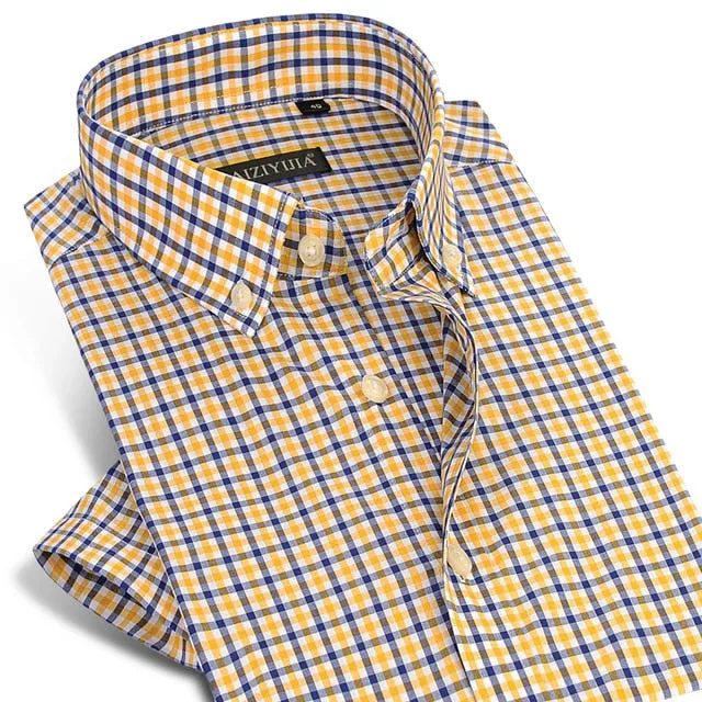 England Style Plaid Checked Cotton Men Shirts Pocket-less Design Short Sleeve Summer Casual Standard-fit Button-down Thin Shirt