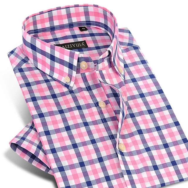 England Style Plaid Checked Cotton Men Shirts Pocket-less Design Short Sleeve Summer Casual Standard-fit Button-down Thin Shirt