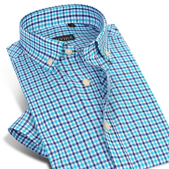 England Style Plaid Checked Cotton Men Shirts Pocket-less Design Short Sleeve Summer Casual Standard-fit Button-down Thin Shirt