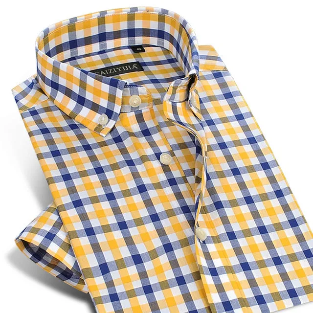 England Style Plaid Checked Cotton Men Shirts Pocket-less Design Short Sleeve Summer Casual Standard-fit Button-down Thin Shirt