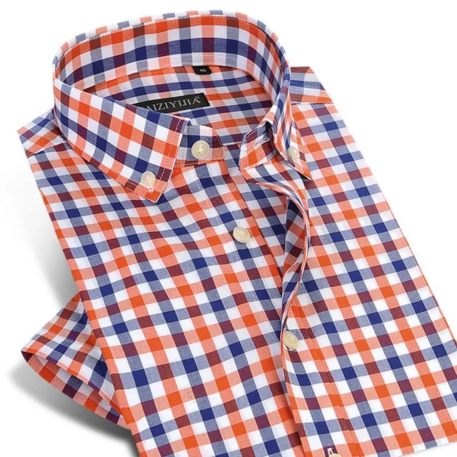 England Style Plaid Checked Cotton Men Shirts Pocket-less Design Short Sleeve Summer Casual Standard-fit Button-down Thin Shirt