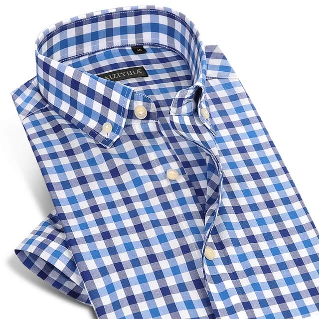England Style Plaid Checked Cotton Men Shirts Pocket-less Design Short Sleeve Summer Casual Standard-fit Button-down Thin Shirt
