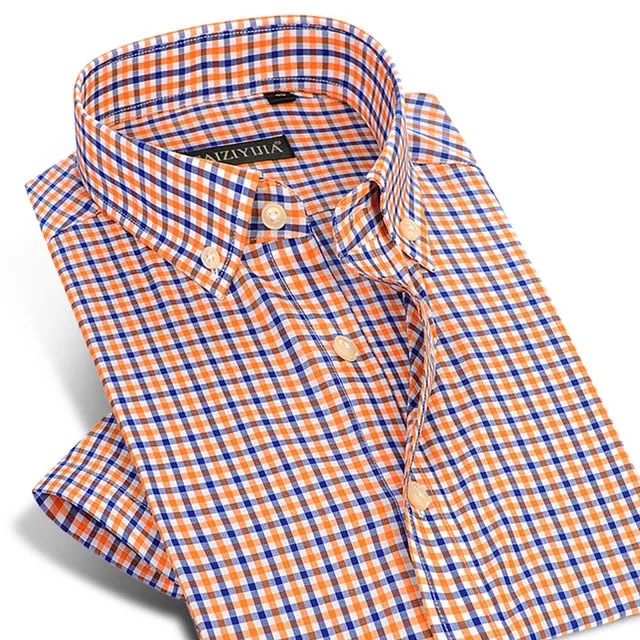 England Style Plaid Checked Cotton Men Shirts Pocket-less Design Short Sleeve Summer Casual Standard-fit Button-down Thin Shirt