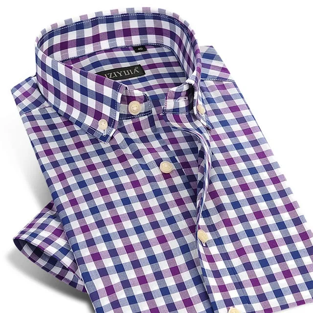England Style Plaid Checked Cotton Men Shirts Pocket-less Design Short Sleeve Summer Casual Standard-fit Button-down Thin Shirt