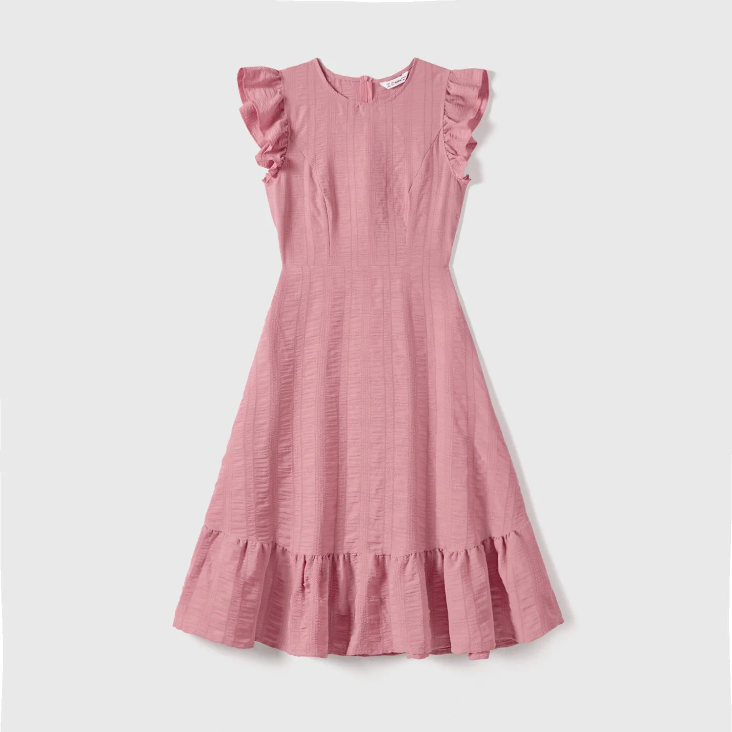 Family Matching Pink Ruffle-sleeve Texture Dresses and Color Block Short-sleeve T-shirts Sets