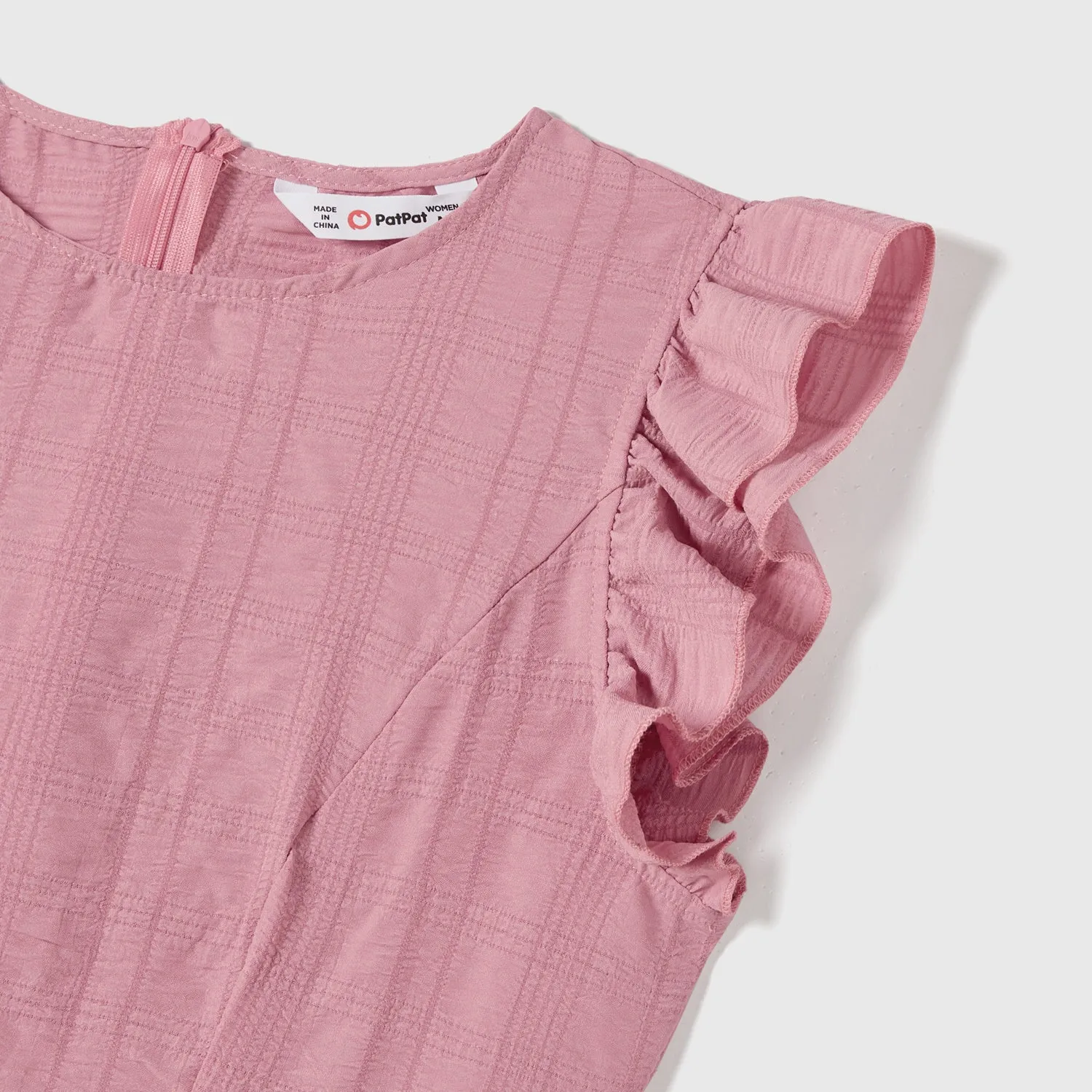 Family Matching Pink Ruffle-sleeve Texture Dresses and Color Block Short-sleeve T-shirts Sets
