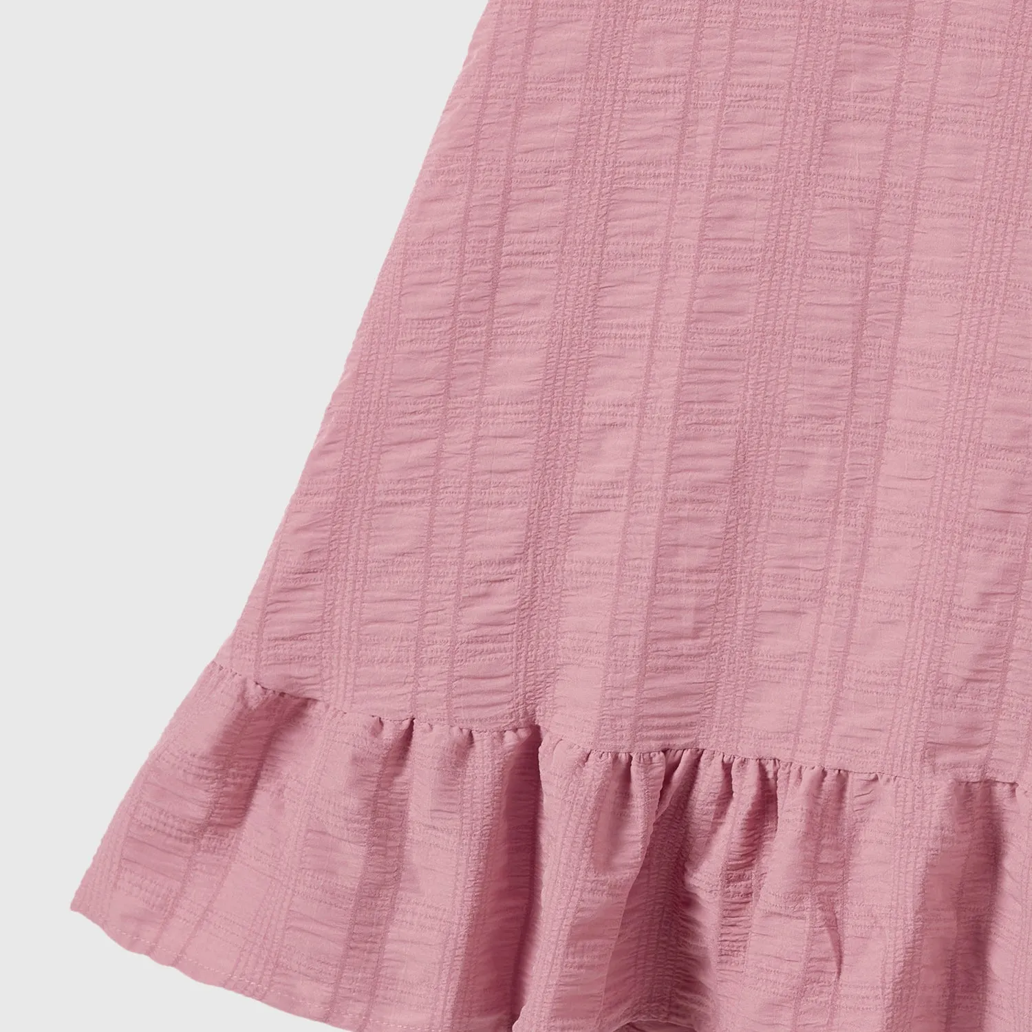 Family Matching Pink Ruffle-sleeve Texture Dresses and Color Block Short-sleeve T-shirts Sets