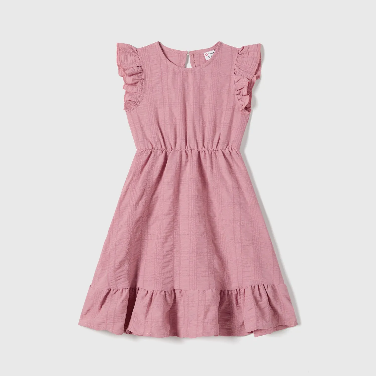 Family Matching Pink Ruffle-sleeve Texture Dresses and Color Block Short-sleeve T-shirts Sets