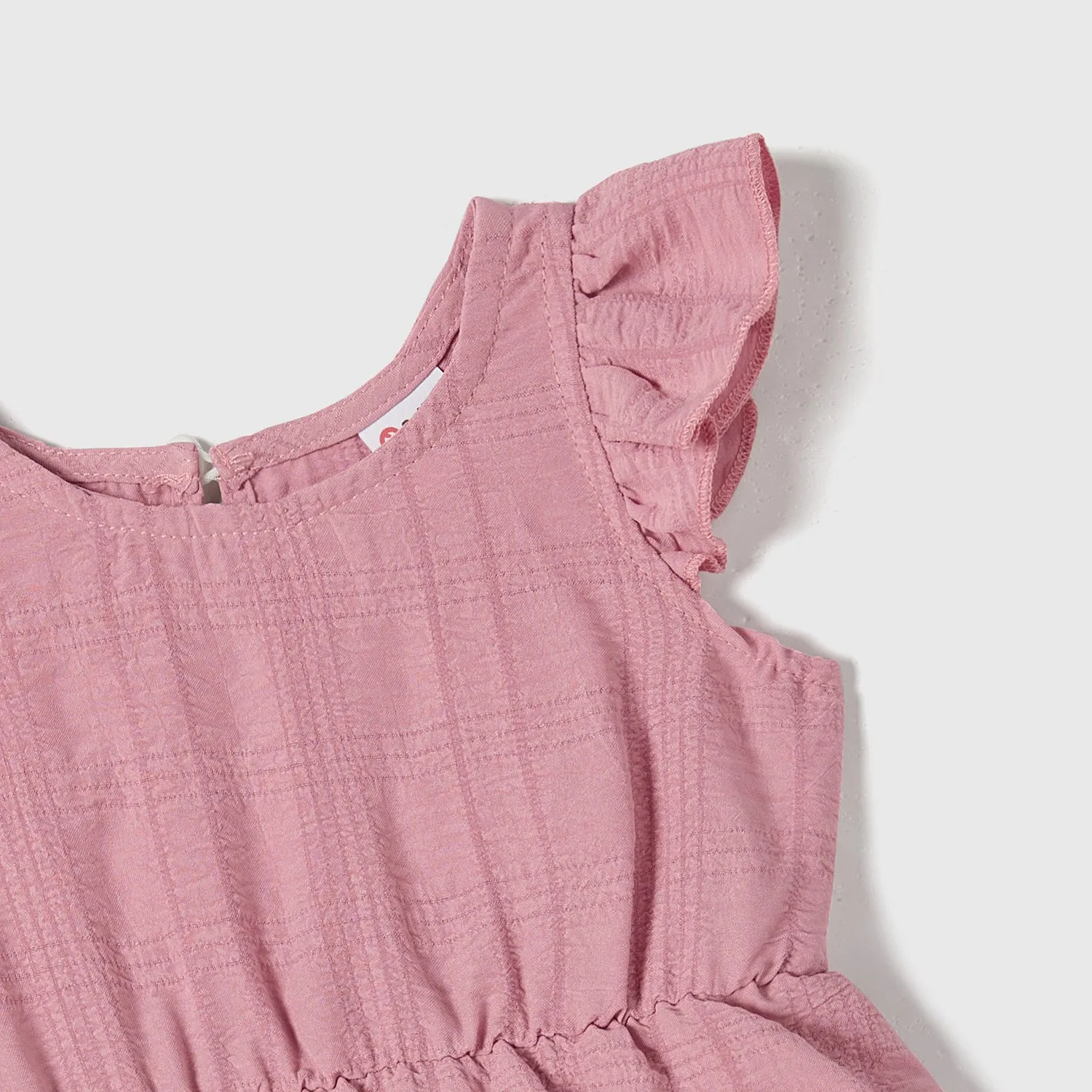 Family Matching Pink Ruffle-sleeve Texture Dresses and Color Block Short-sleeve T-shirts Sets