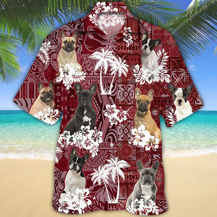 French Bulldog Hawaiian Shirt, Dog Hawaii Aloha Beach Shirt Red Tribal Pattern