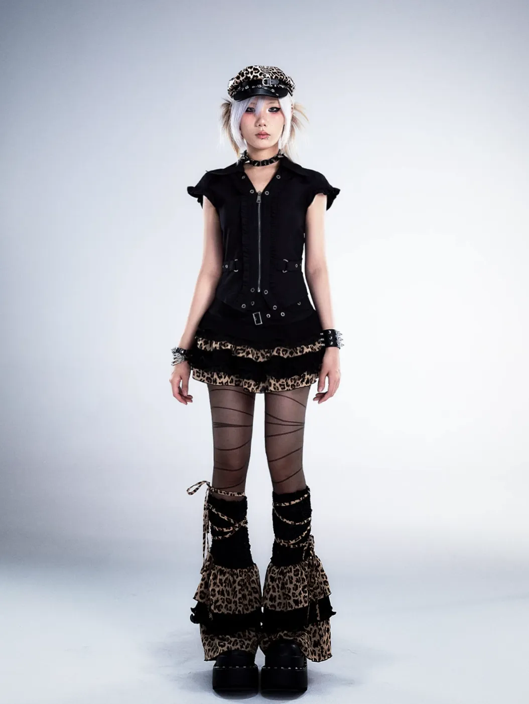 Frustration Garden Punk Cropped Zip-Up Top - Black Short-Sleeve with Metal Grommets and D-Ring Detail