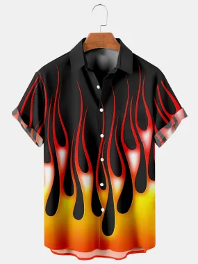Fydude Men'S Fire Flame Print Short-Sleeved Shirt