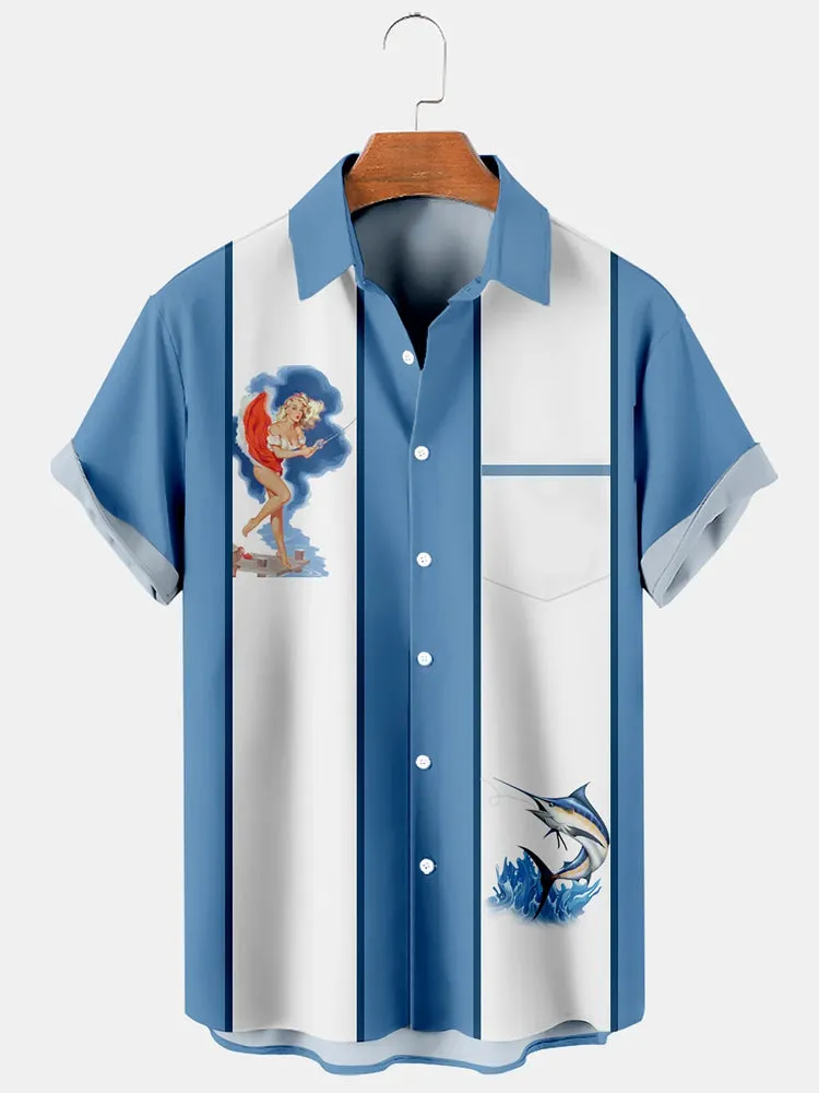 Fydude Men'S Pin-up Girl Fishing Printed Shirt