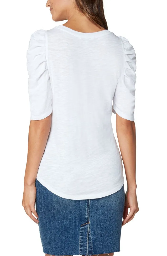 Gathered Short Sleeve Knit Tee | White Cotton