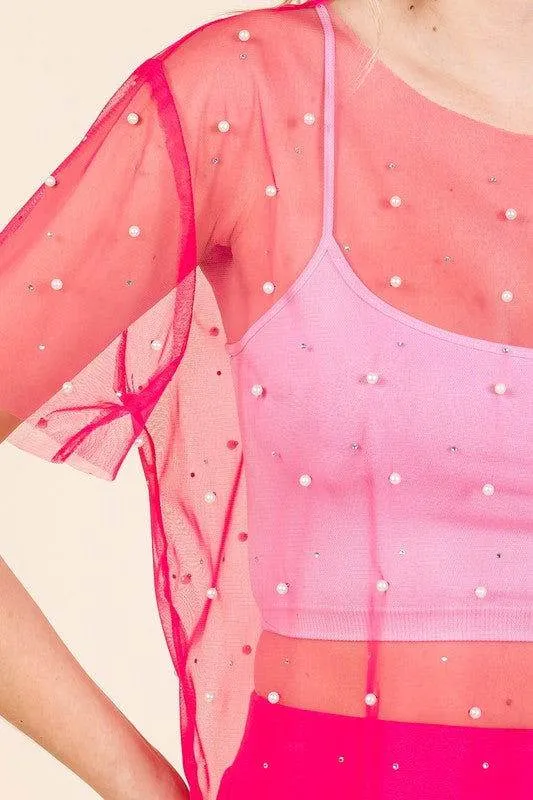 Geegee Rhinestone & Pearl Mesh Top