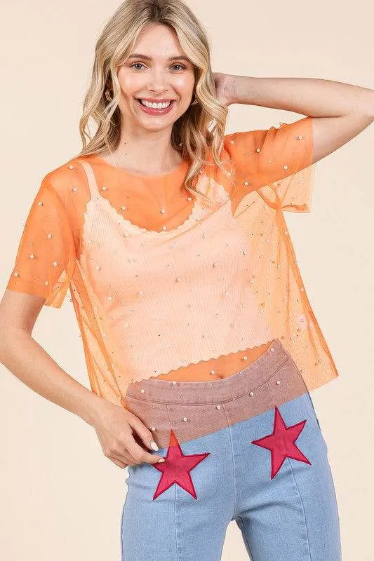 Geegee Rhinestone & Pearl Mesh Top