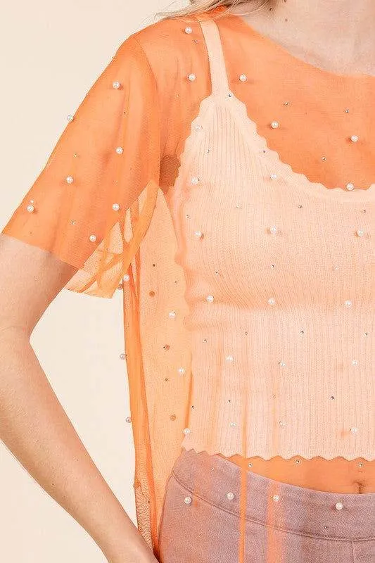 Geegee Rhinestone & Pearl Mesh Top