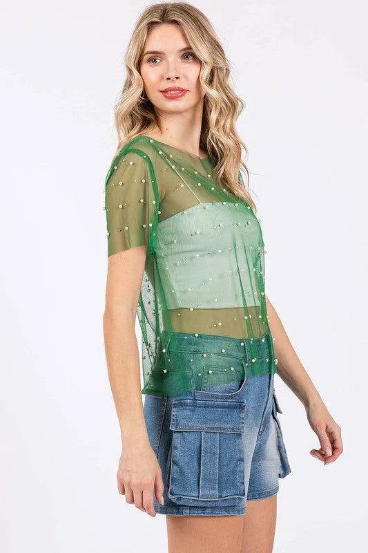 Geegee Rhinestone & Pearl Mesh Top